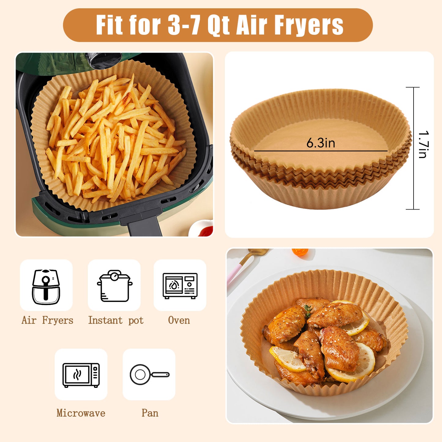 Air Fryer Disposable Paper 100 Pcs 6.3inch Round Non-Stick Prime Oil-proof Parchment Liners Cooking Paper for Fryers Basket Frying Pan Microwave Oven
